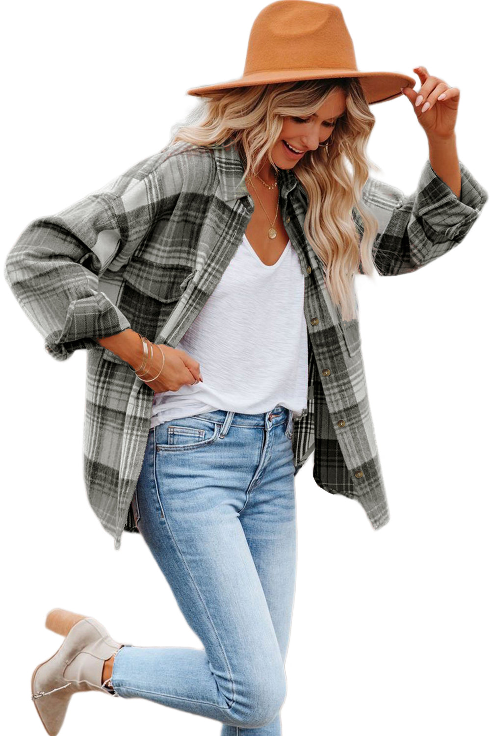 Gold Flame & Grey Plaid Button Up Collared Flannel Shacket