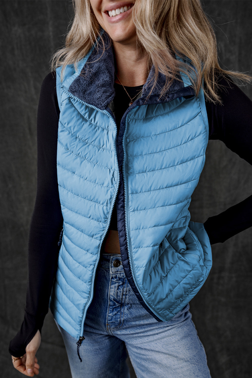 Silvery Plush Collared Quilted Zipped Puffer Vest