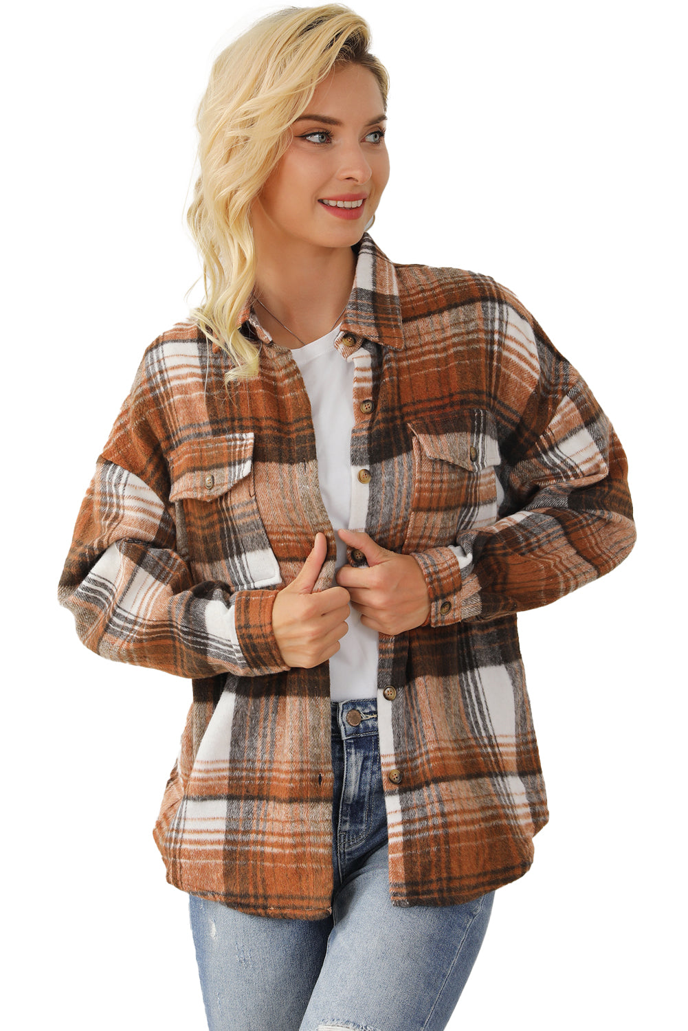 Gold Flame & Grey Plaid Button Up Collared Flannel Shacket