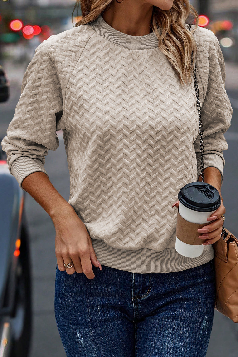 Beige Solid Color Textured Raglan Sleeve Pullover Sweatshirt