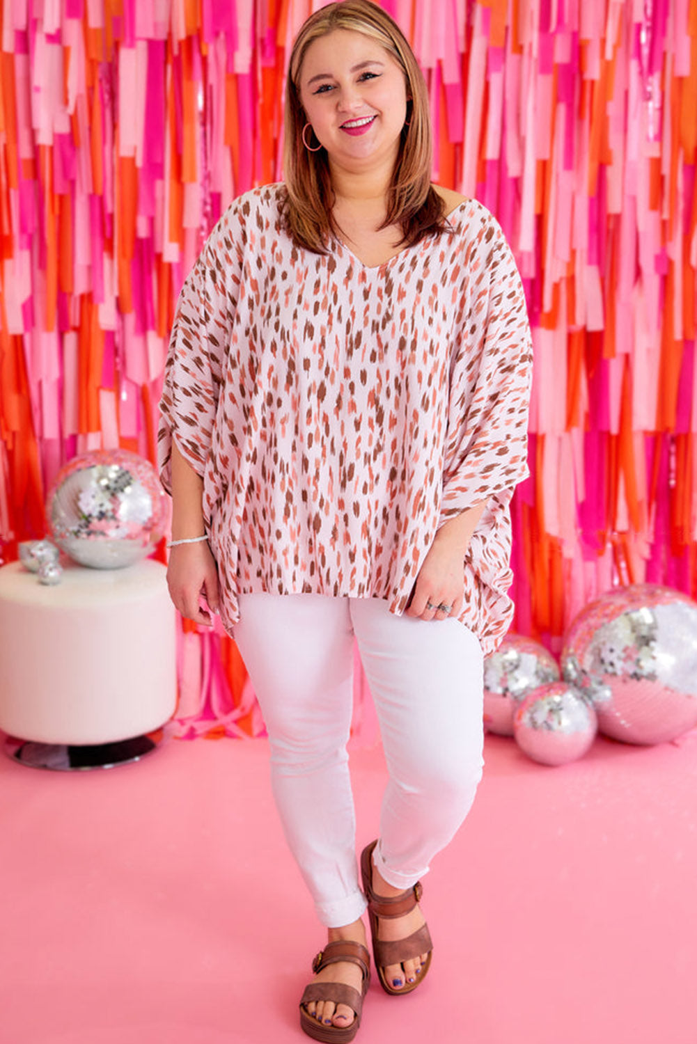 Pink Elegant Polka Dots 3/4 Dolman Sleeve Plus Size Blouse