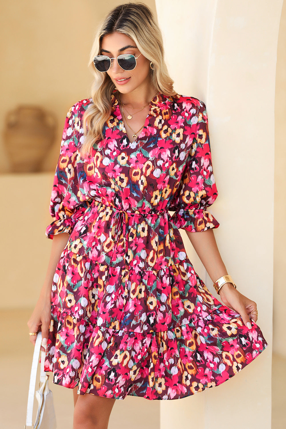 Rose Red Floral Print Drawstring Waist V Neck Mini Dress