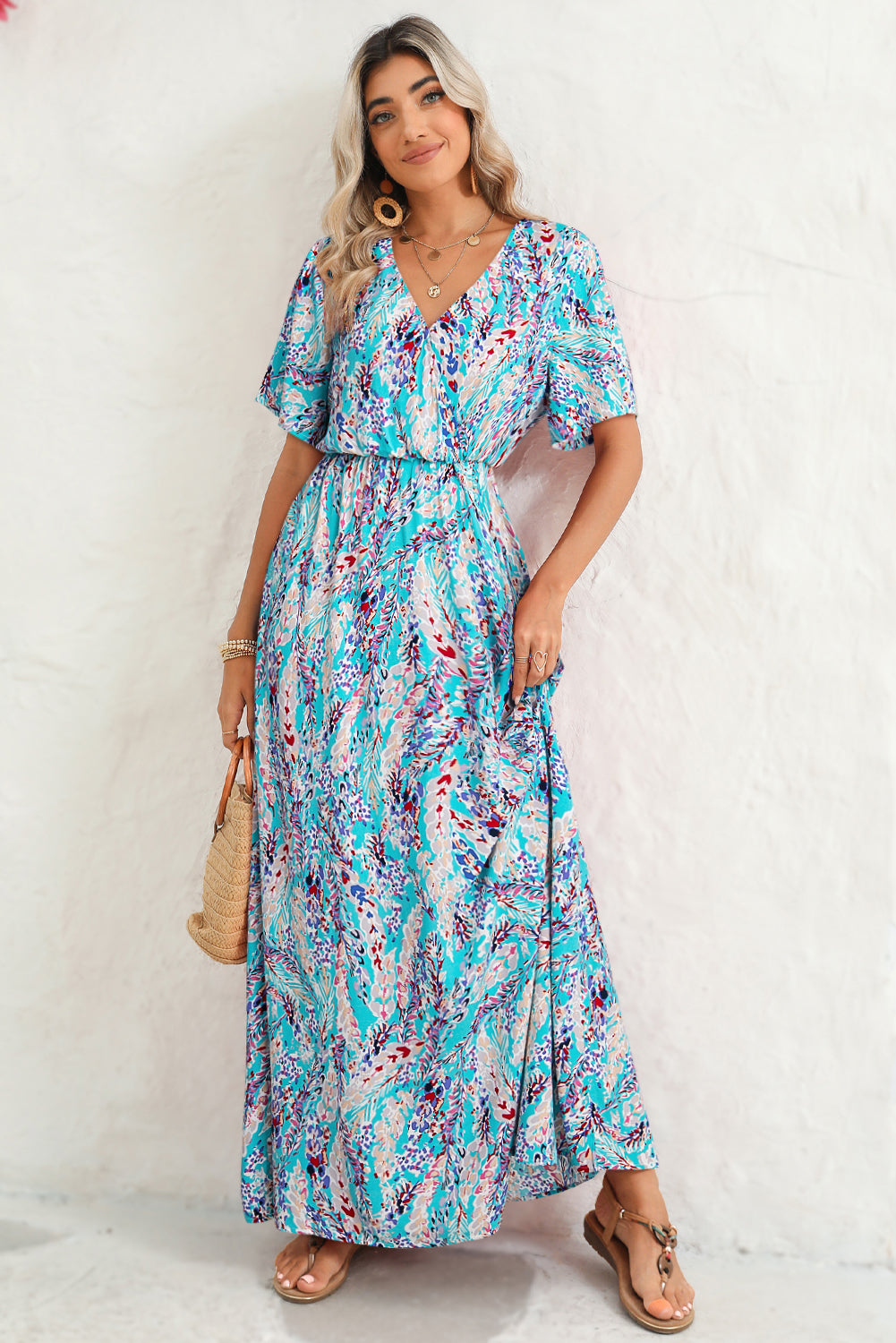 Abstract Print Wrap V Neck Flutter Sleeve Mid Length Dress