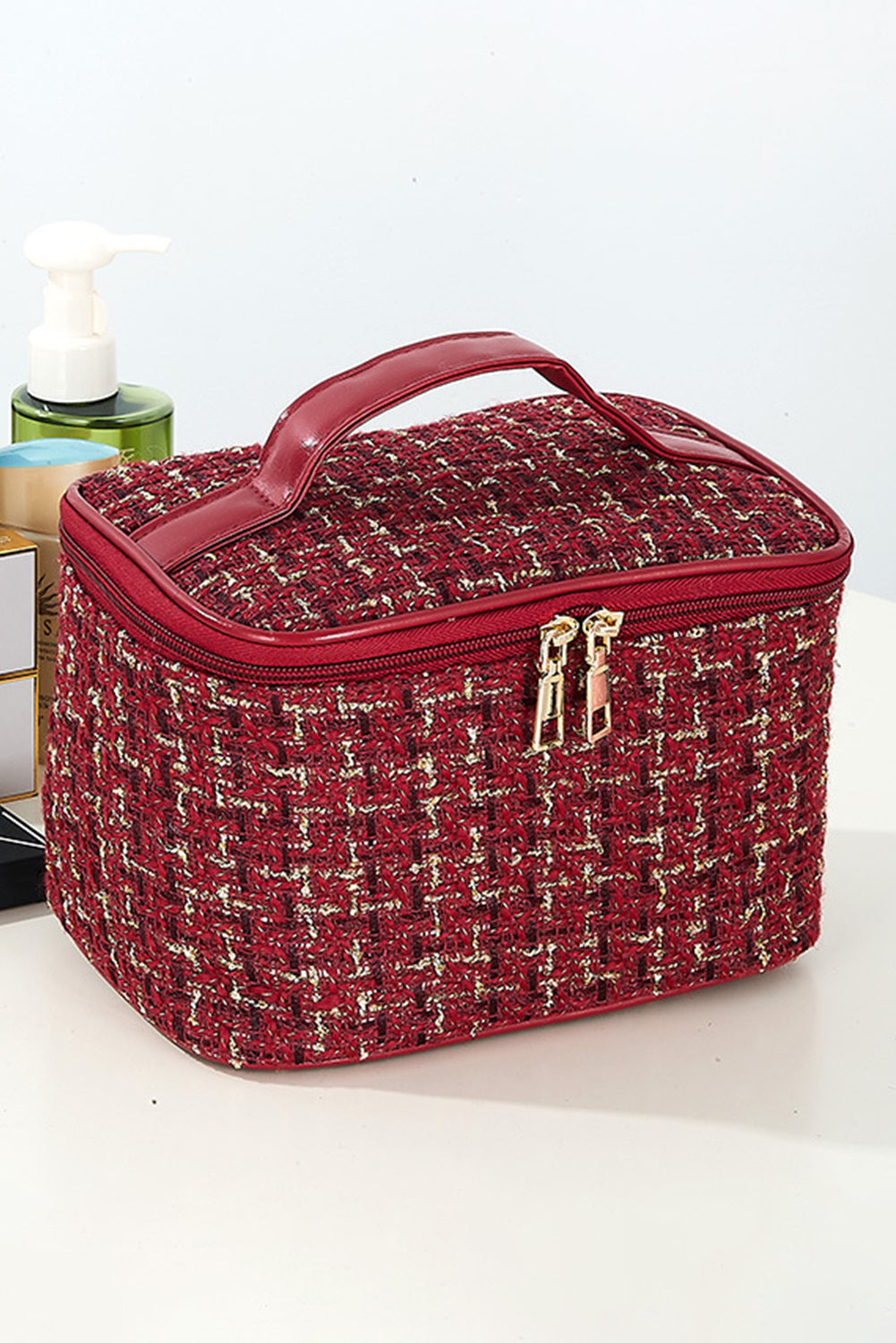 Fiery Red Plaid Zipper Large Cosmetic Bag