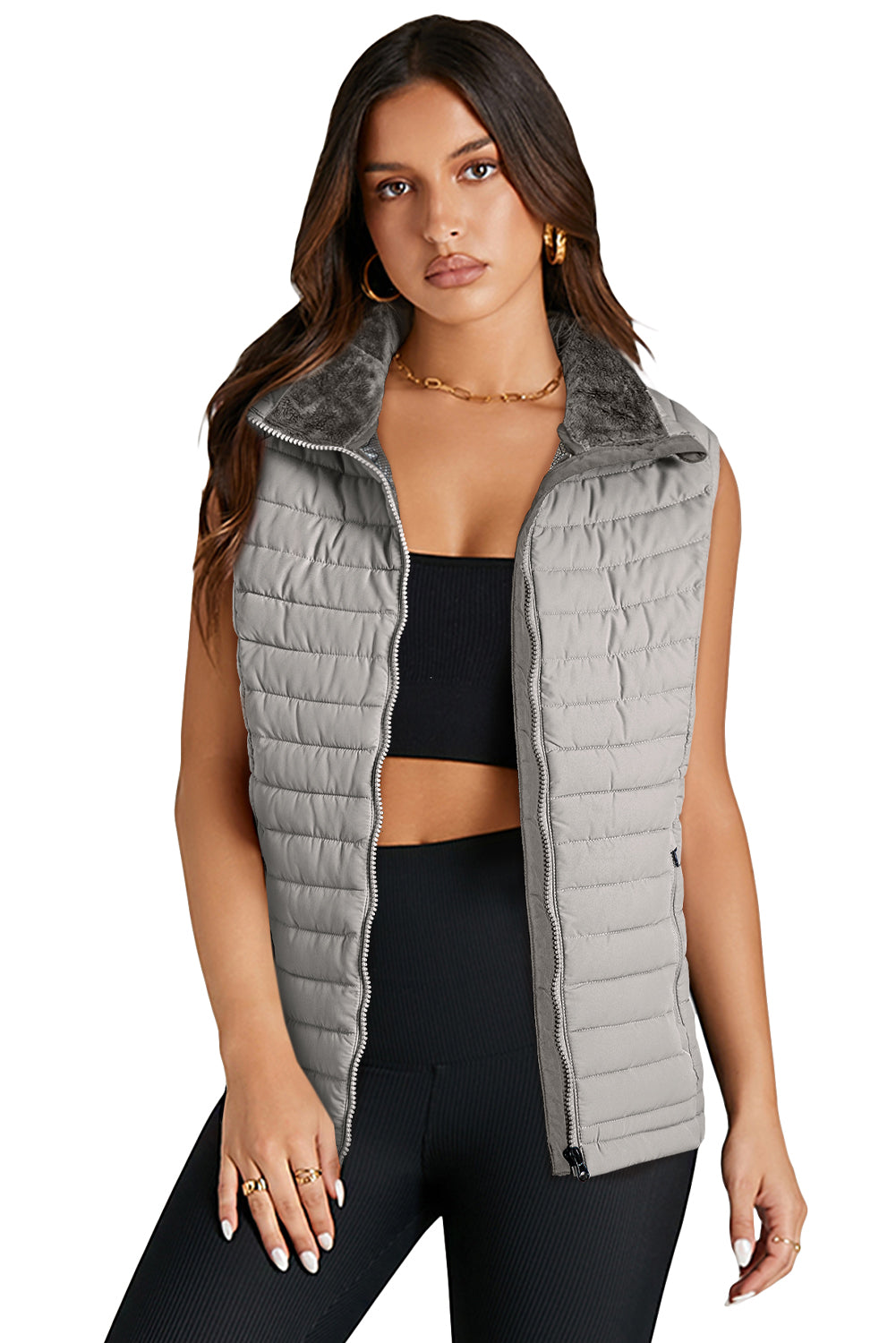 Silvery Plush Collared Quilted Zipped Puffer Vest