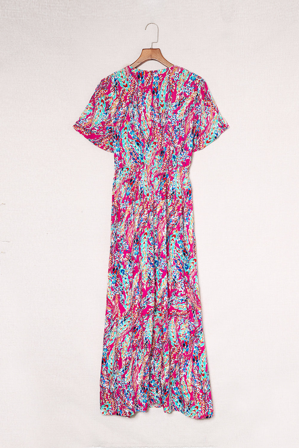 Abstract Print Wrap V Neck Flutter Sleeve Mid Length Dress