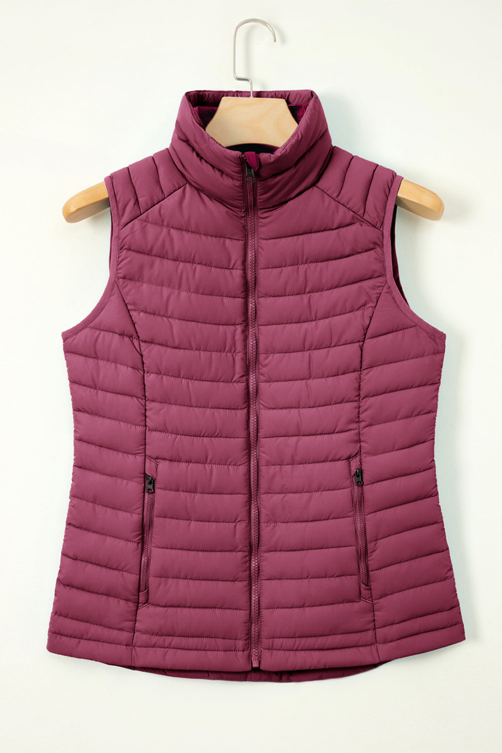 Silvery Plush Collared Quilted Zipped Puffer Vest