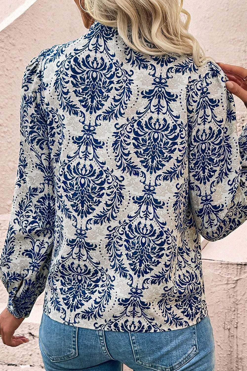 Sky Blue Ethnic Print Notch Neck Plus Size Shirt