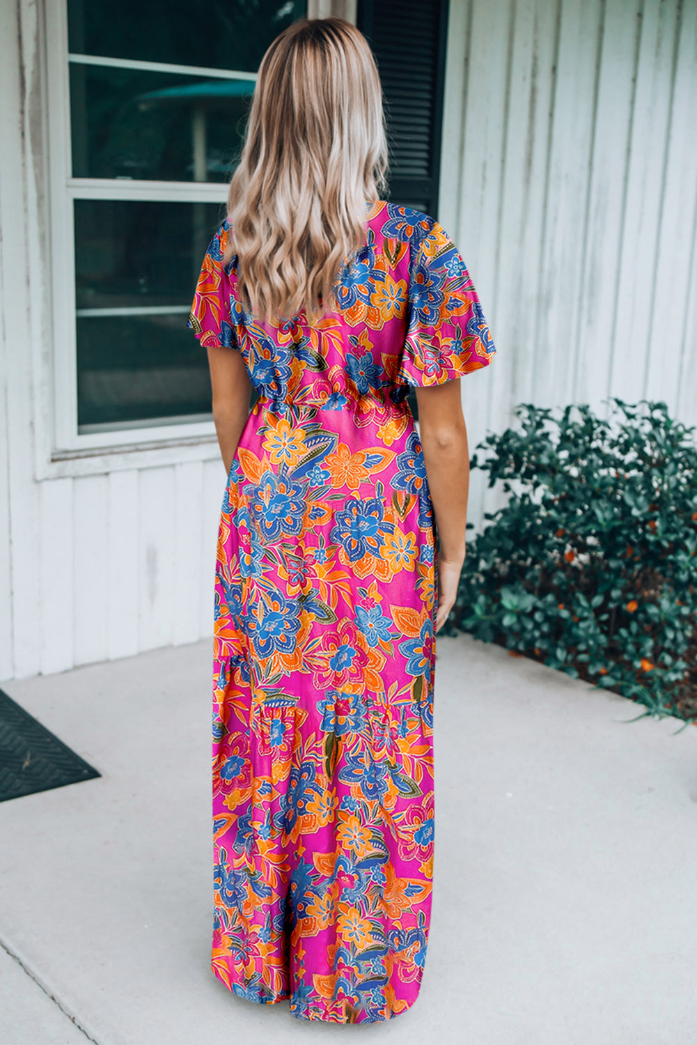 Abstract Print Wrap V Neck Flutter Sleeve Mid Length Dress