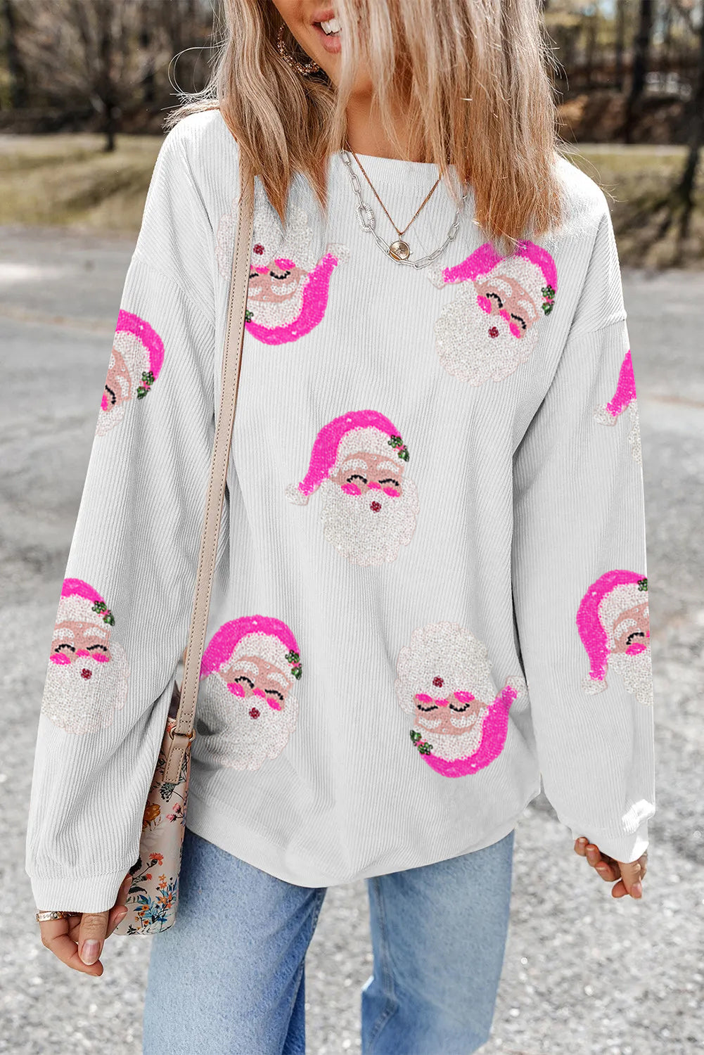 White Sequin Santa Claus Ribbed Oversized Graphic Sweatshirt