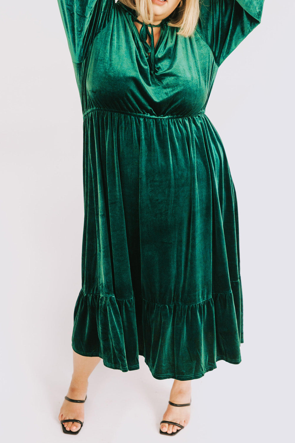 Blackish Green Frill Neck Velvet High Waist Plus Size Dress