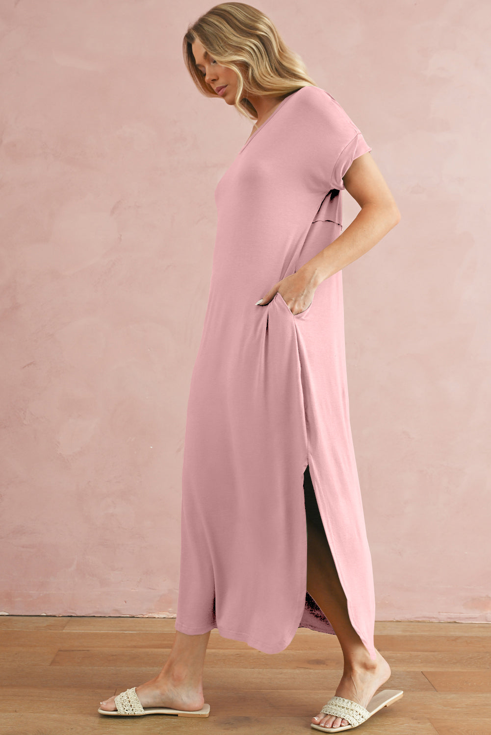 Pink Solid Color Hidden Pocket V Neck Slit Maxi Dress