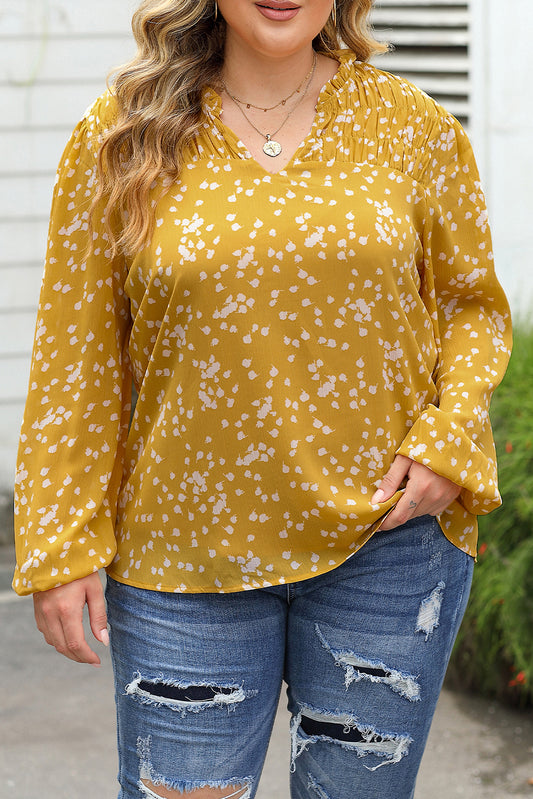 Yellow Printed Split Neck Shirred Bubble Sleeve Blouse