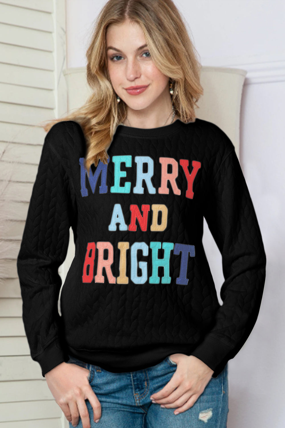 White Merry and Bright Quilted Sweatshirt