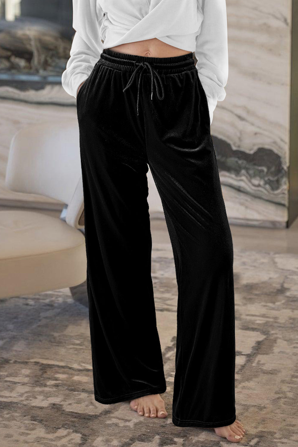 Evergreen Solid Drawstring Waist Wide Leg Pants