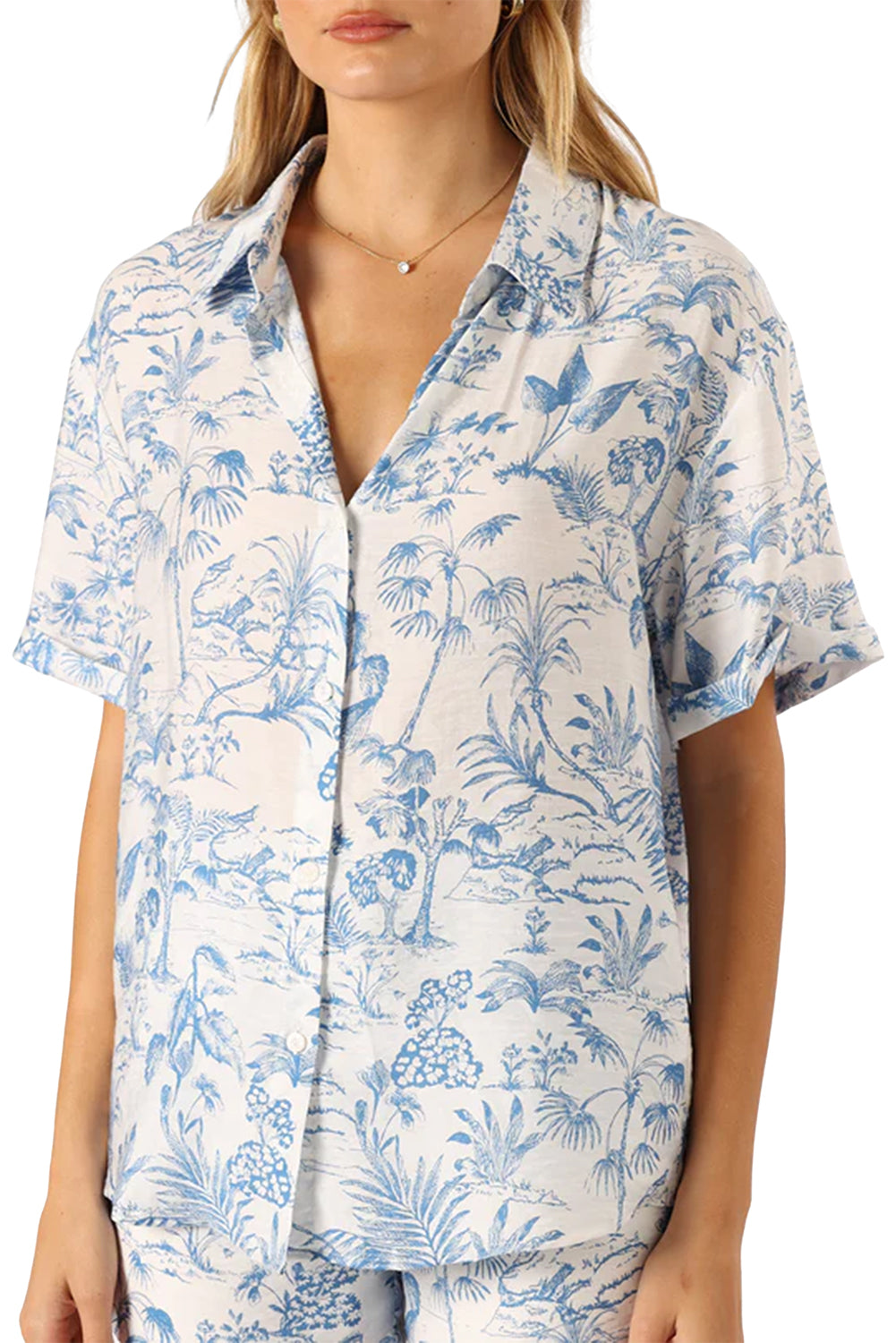 Sky Blue Tropical Print Button-Up Shirt & Shorts Lounge Set