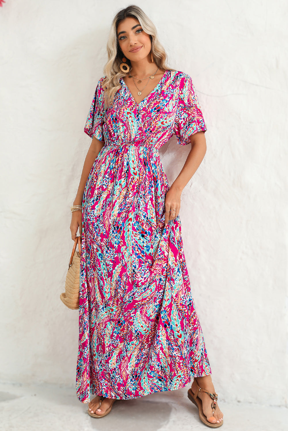 Abstract Print Wrap V Neck Flutter Sleeve Mid Length Dress