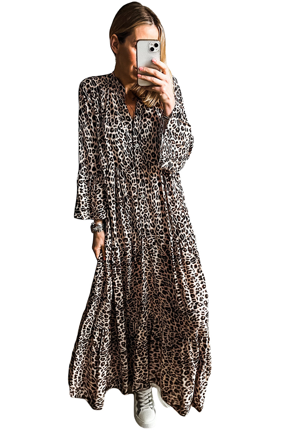 Apricot Leopard Print Tiered Wide Sleeve Maxi Dress