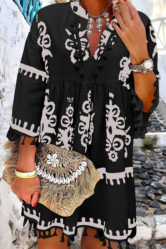 Black Ethnic Print Fringe Hem Plus Size Dress