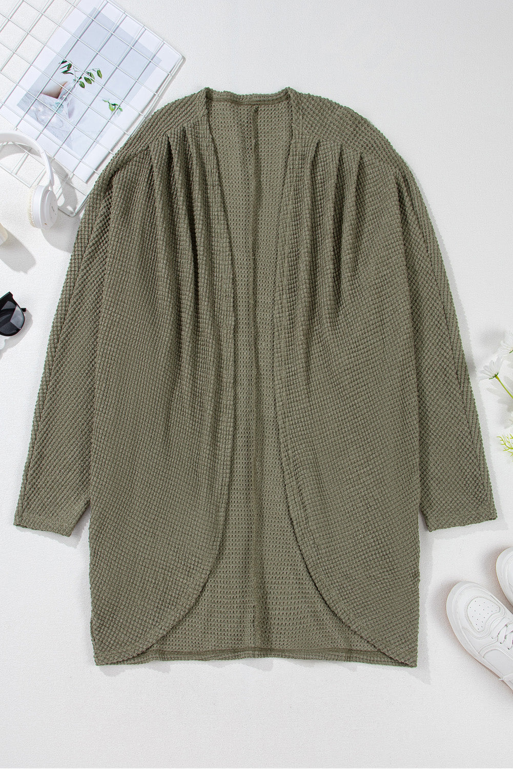 Seagrass Waffle Knit Drop Shoulder Open Front Pocket Plus Size Cardigan