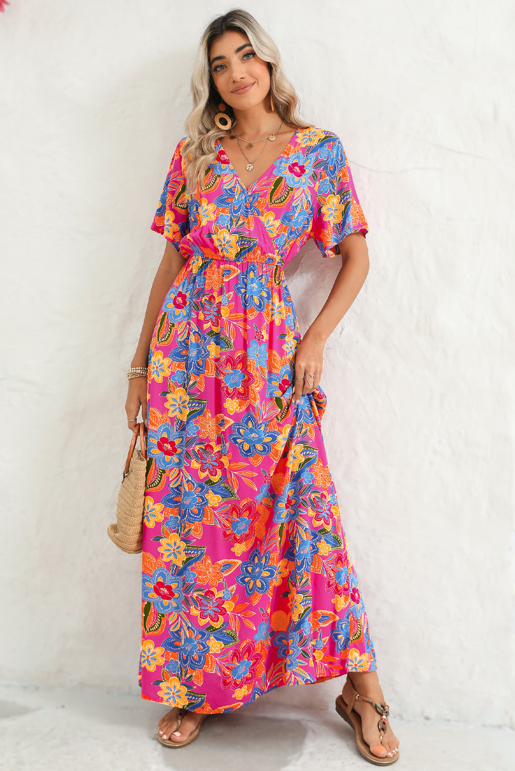 Abstract Print Wrap V Neck Flutter Sleeve Mid Length Dress