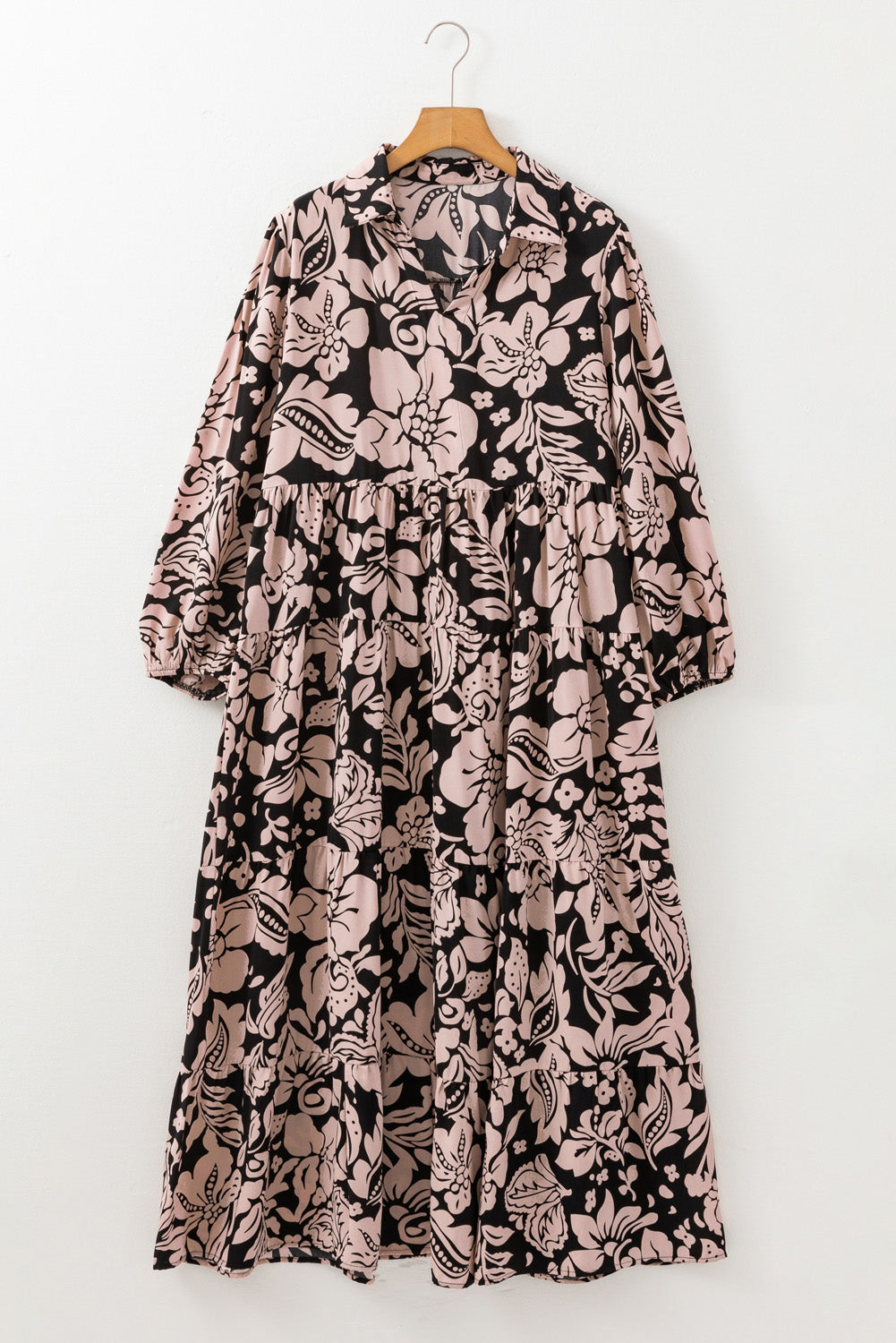 Black Floral Print Puff Sleeve Collared Plus Size Dress