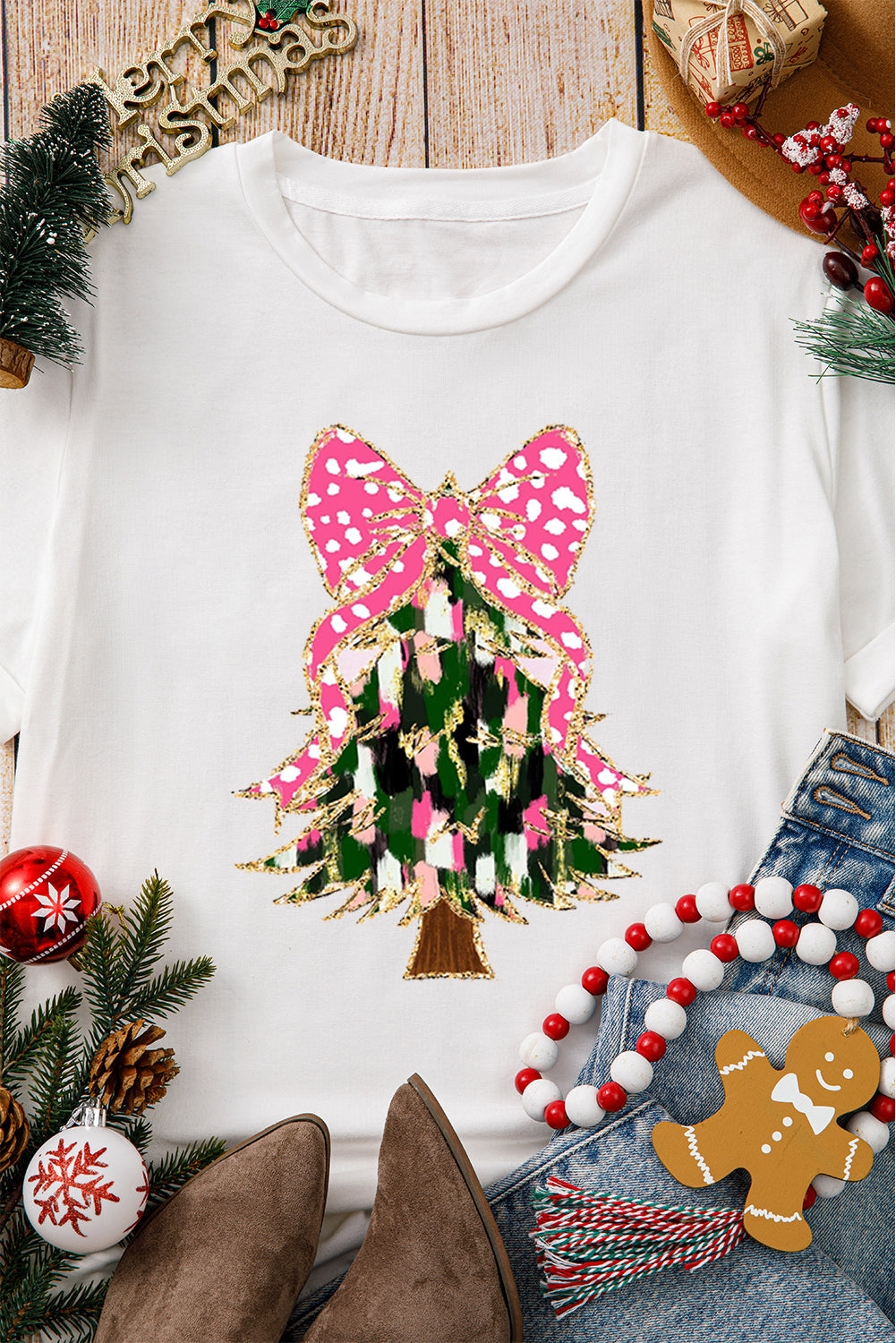 White Glittering Bowknot Christmas Tree Graphic Crewneck Tee