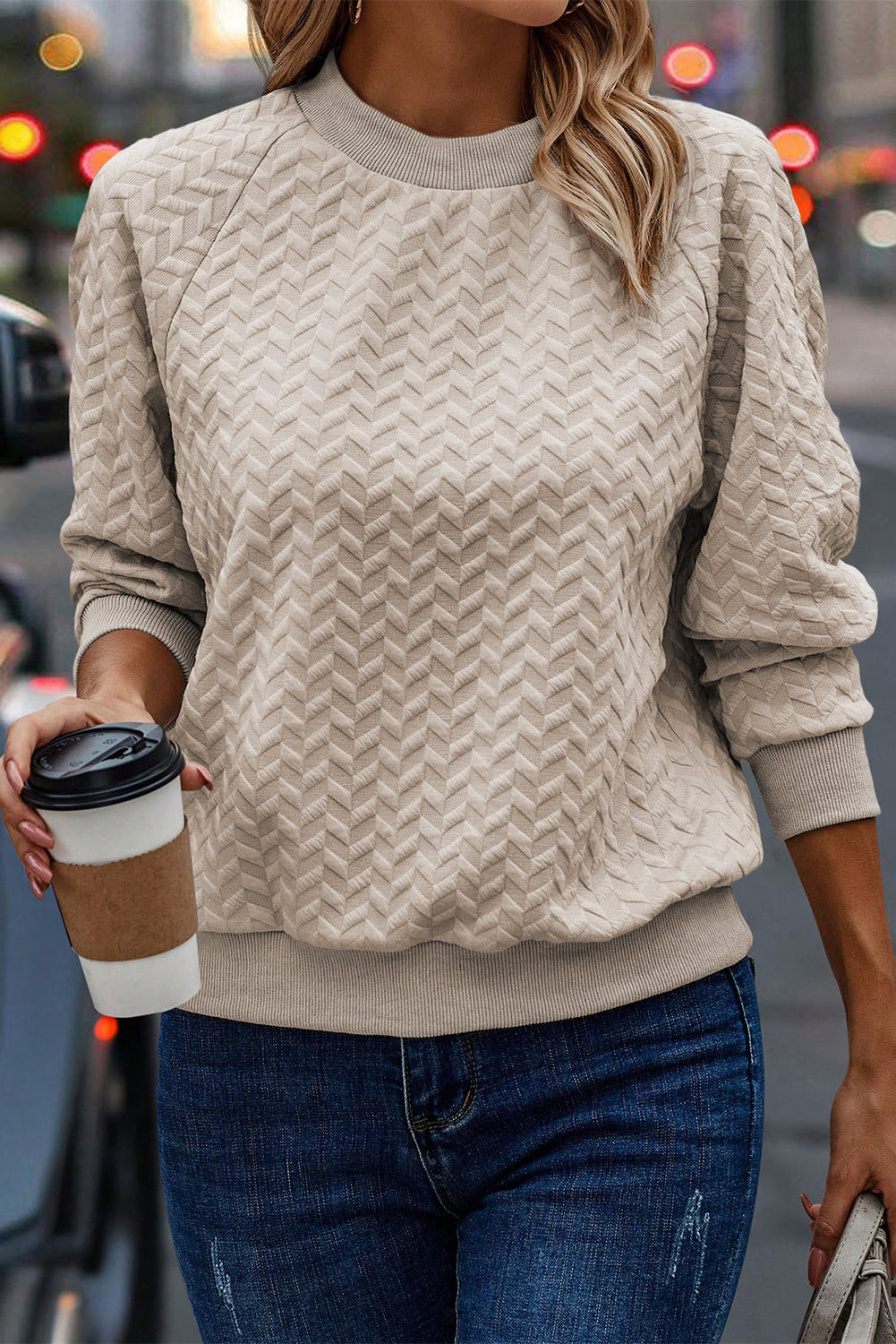 Beige Solid Color Textured Raglan Sleeve Pullover Sweatshirt