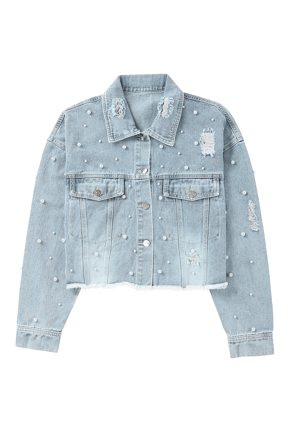 Sky Blue Pearls Beading Cropped Denim Jacket