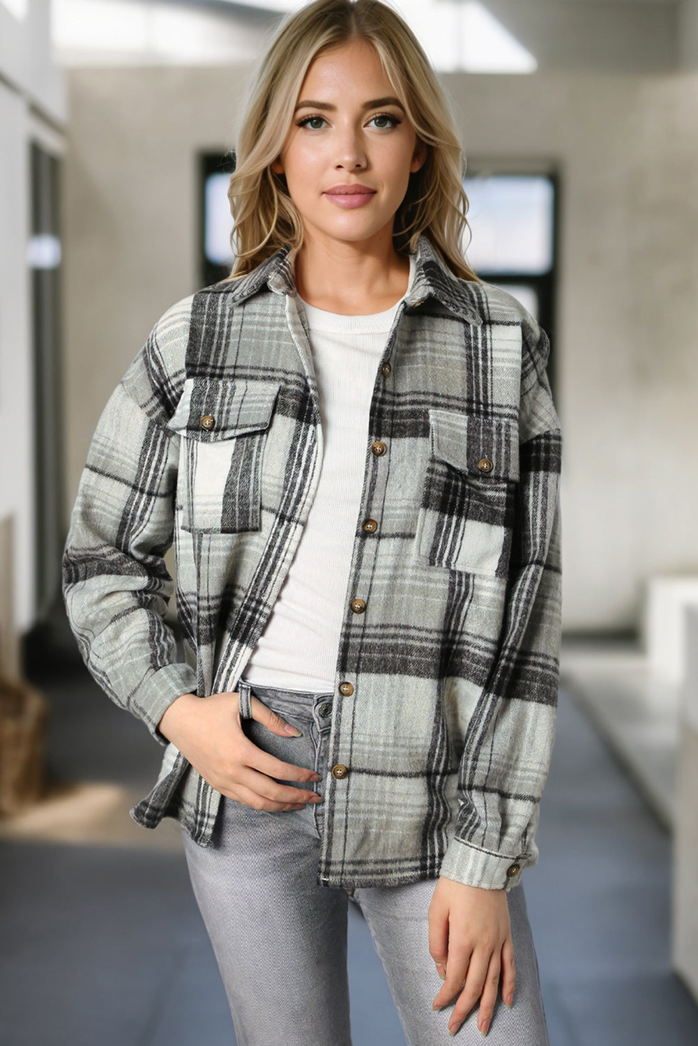 Gold Flame & Grey Plaid Button Up Collared Flannel Shacket