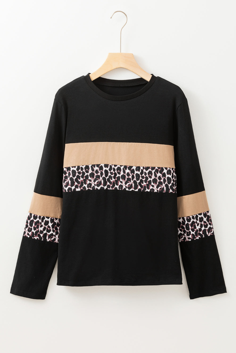 Rose Leopard Colorblock Patchwork Crew Neck Top