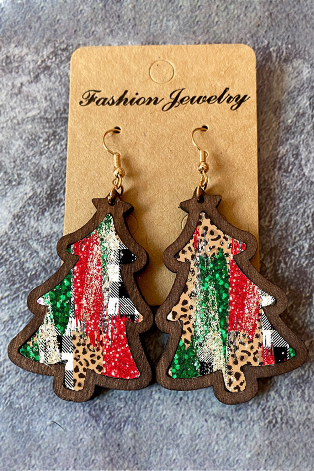 Red Leopard & Plaid Christmas Tree Hook Earrings