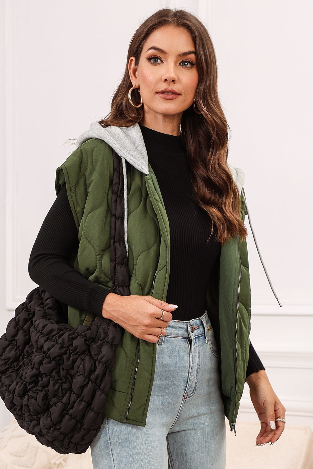 Jungle Green Quilted Drawstring Hooded Zip Up Puffer Vest