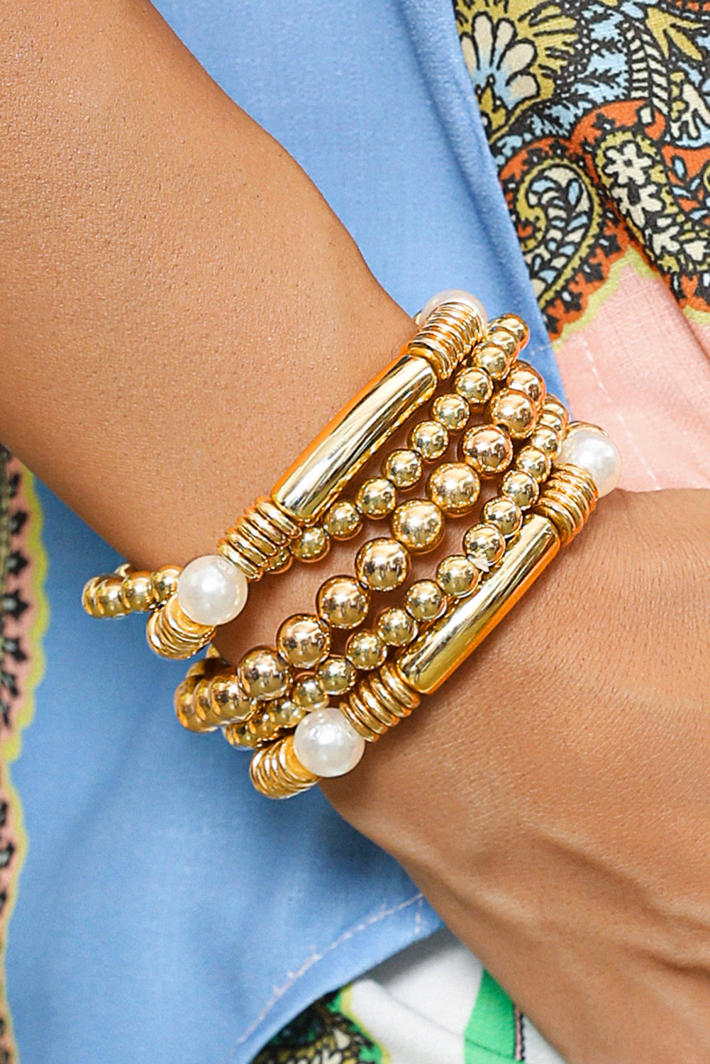 Gold 5Pcs Minimalist Pearl Bracelet Set