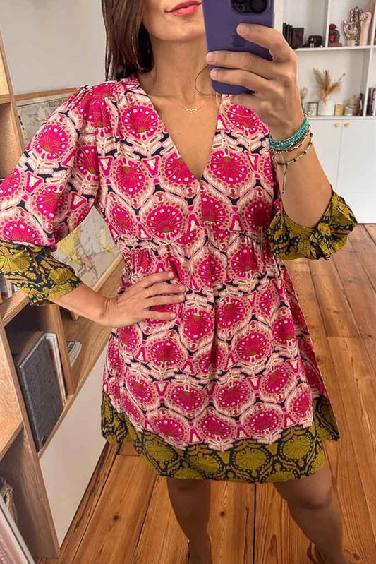 Strawberry Pink Abstract Print Color Block V Neck Mini Dress