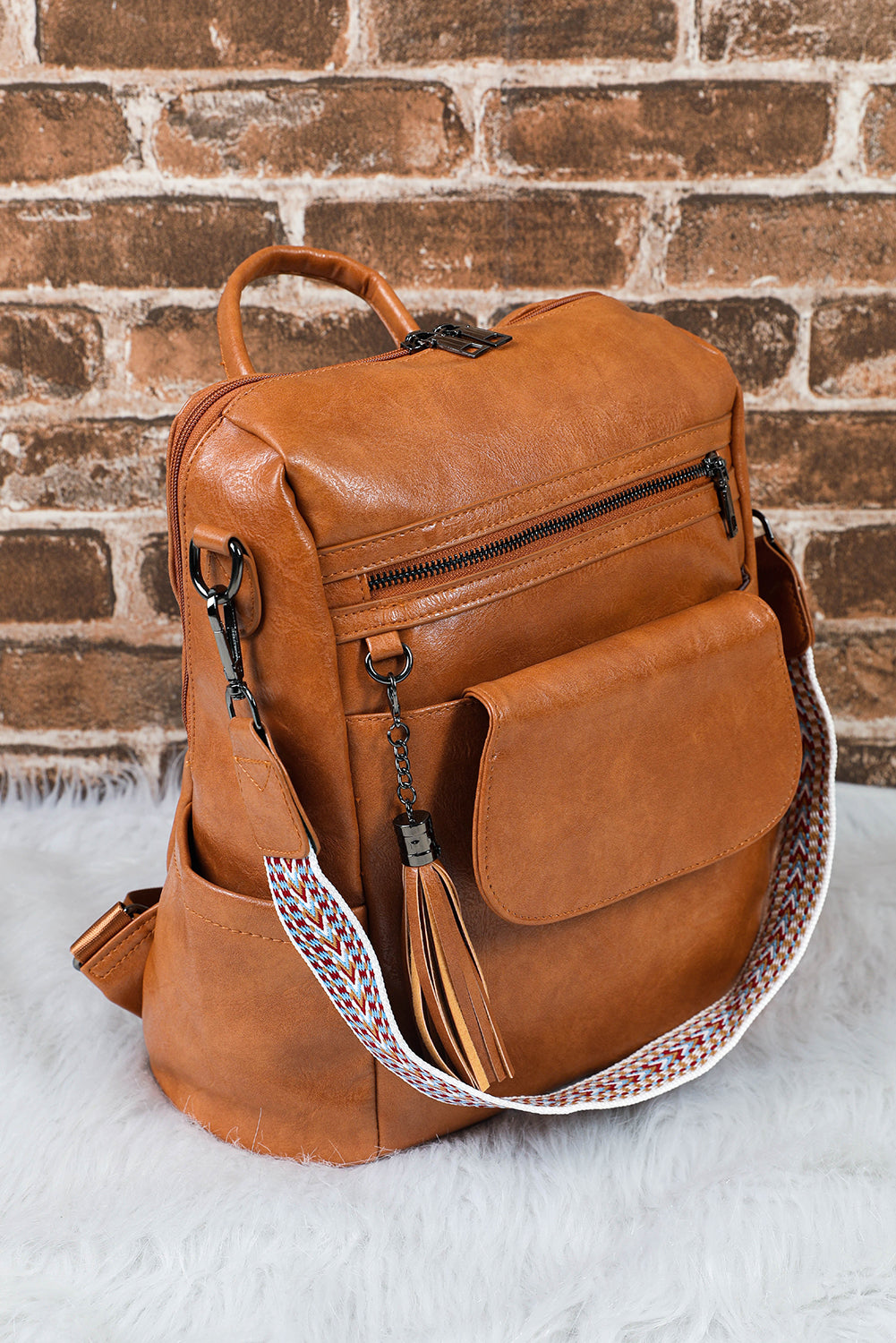 Dark Brown Tassel Decor Retro PU Large Capacity Backpack