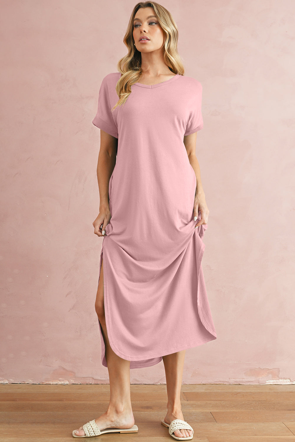 Pink Solid Color Hidden Pocket V Neck Slit Maxi Dress