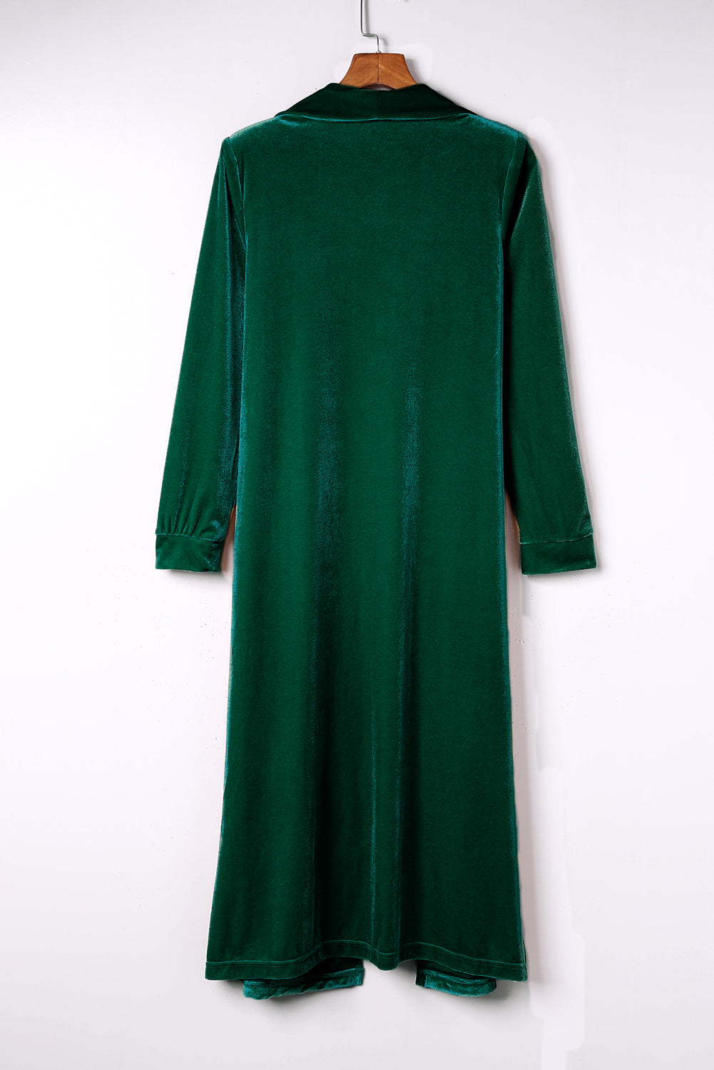 Green Velvet Elegant Pocket Open Front Long Cardigan