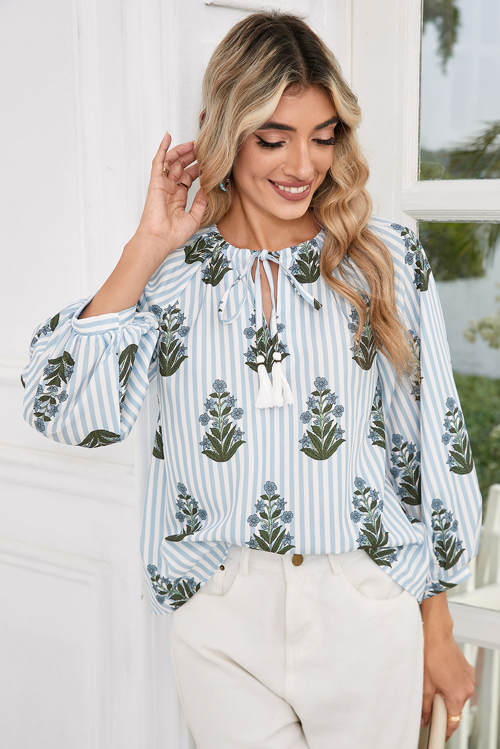 Beau Blue Floral Striped Tie V Neck Long Sleeve Blouse