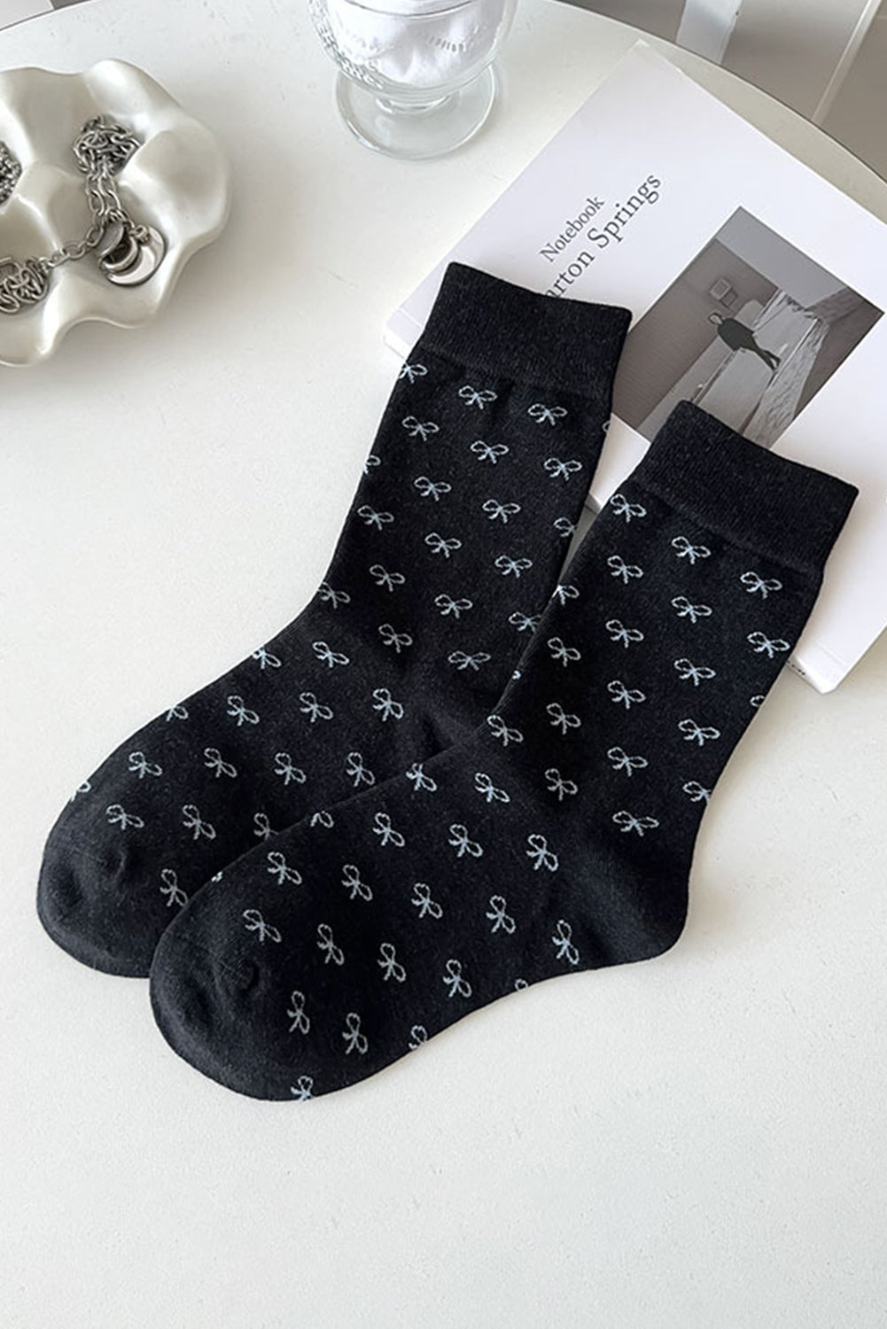 White Bow Ribbed Edge Crew Socks