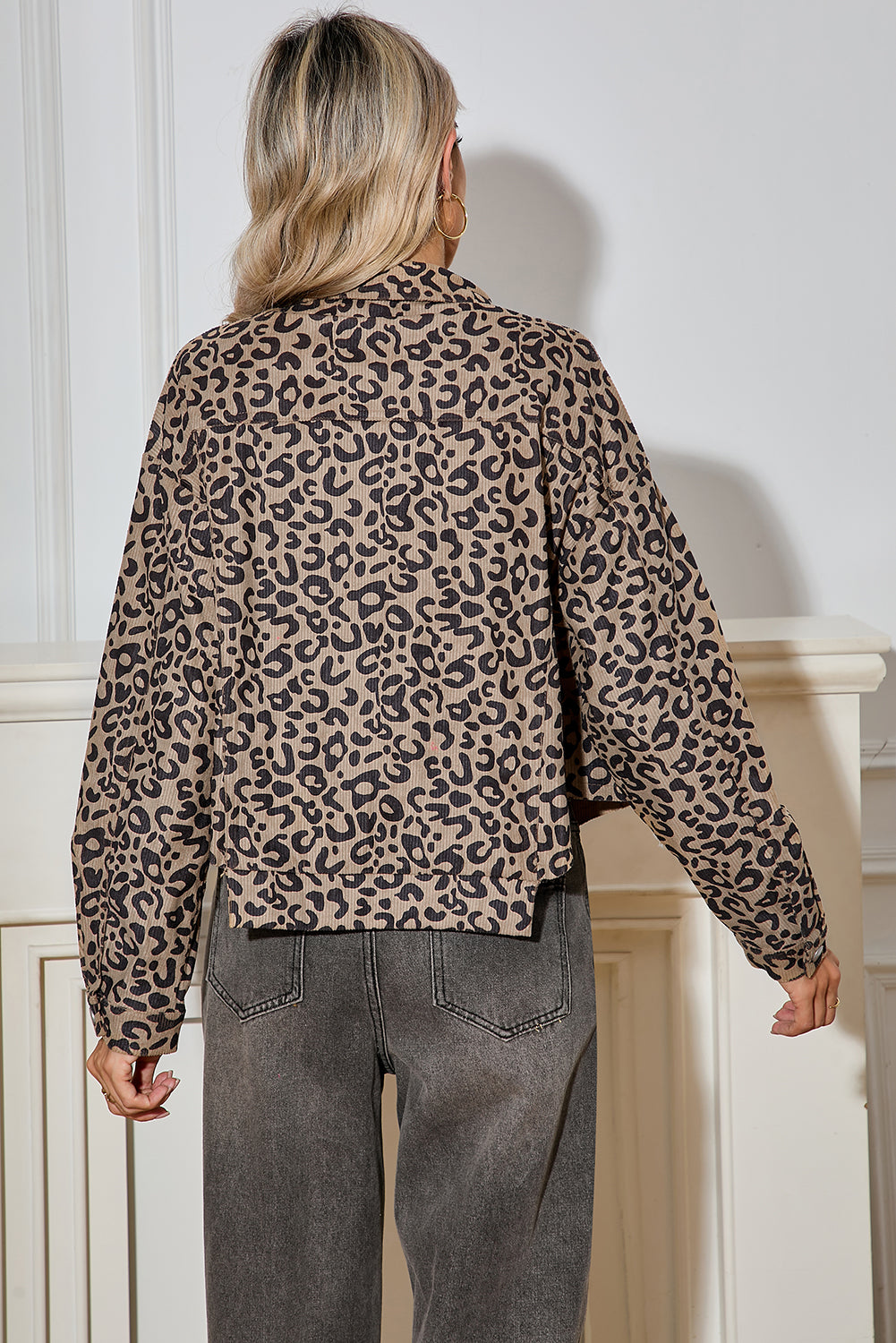 Dark Khaki Leopard Print Raw Hem Cropped Jacket