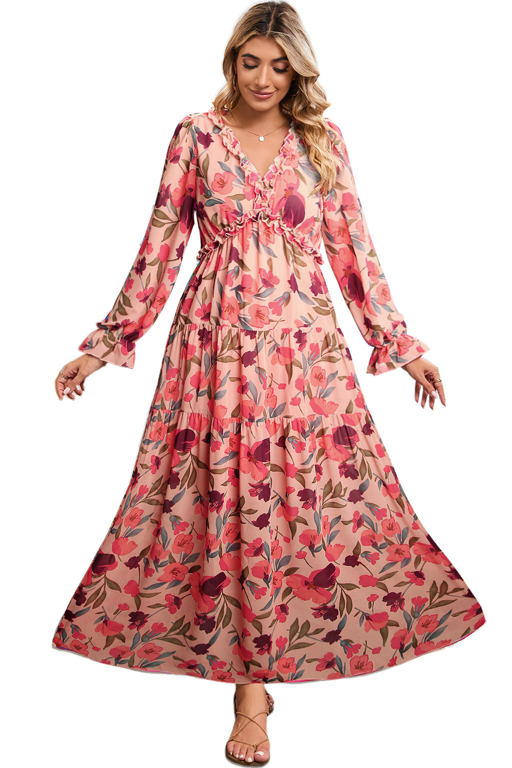 Pastel Red Floral Print Ruffle Trim Plunge Neckline Maxi Dress