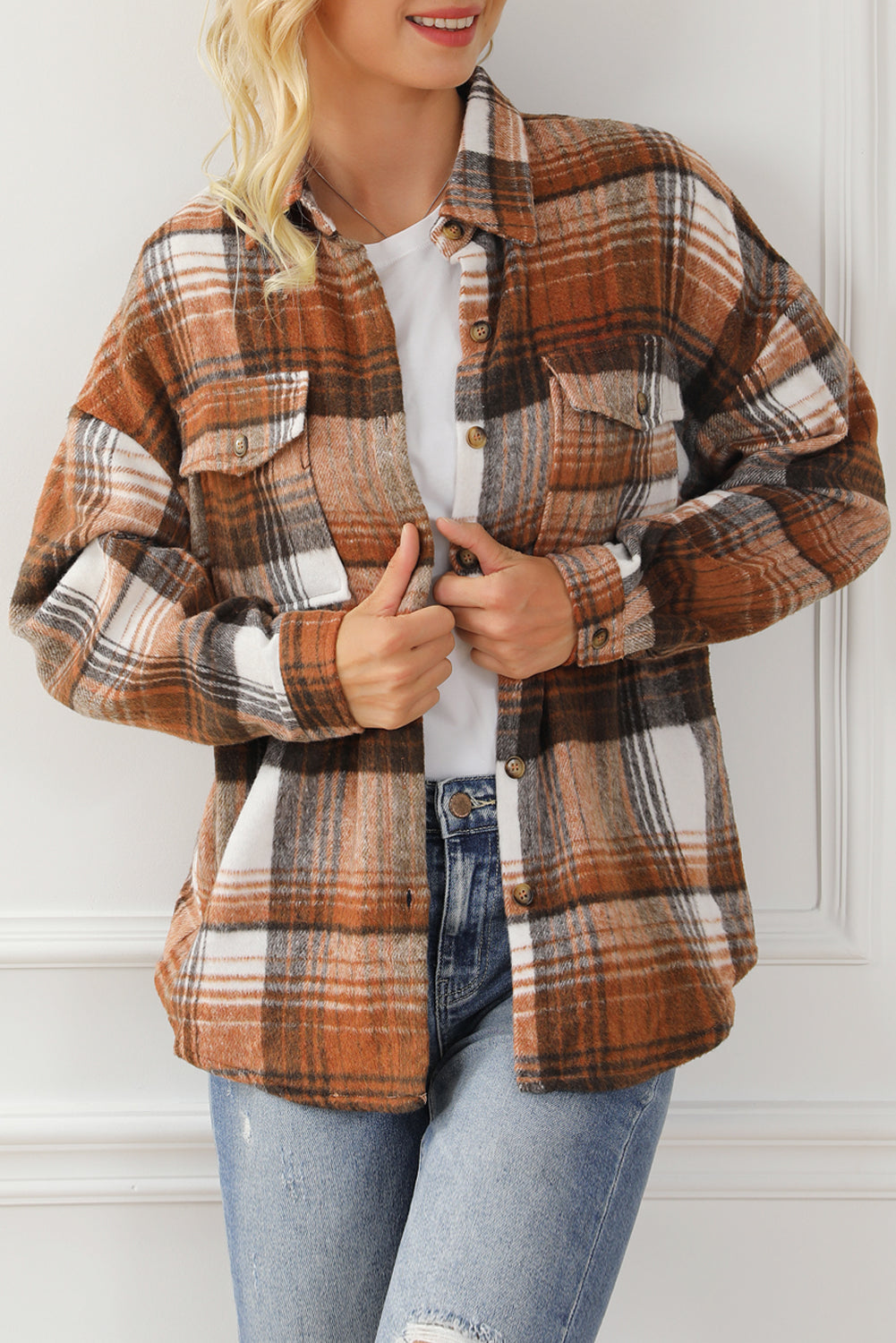 Gold Flame & Grey Plaid Button Up Collared Flannel Shacket