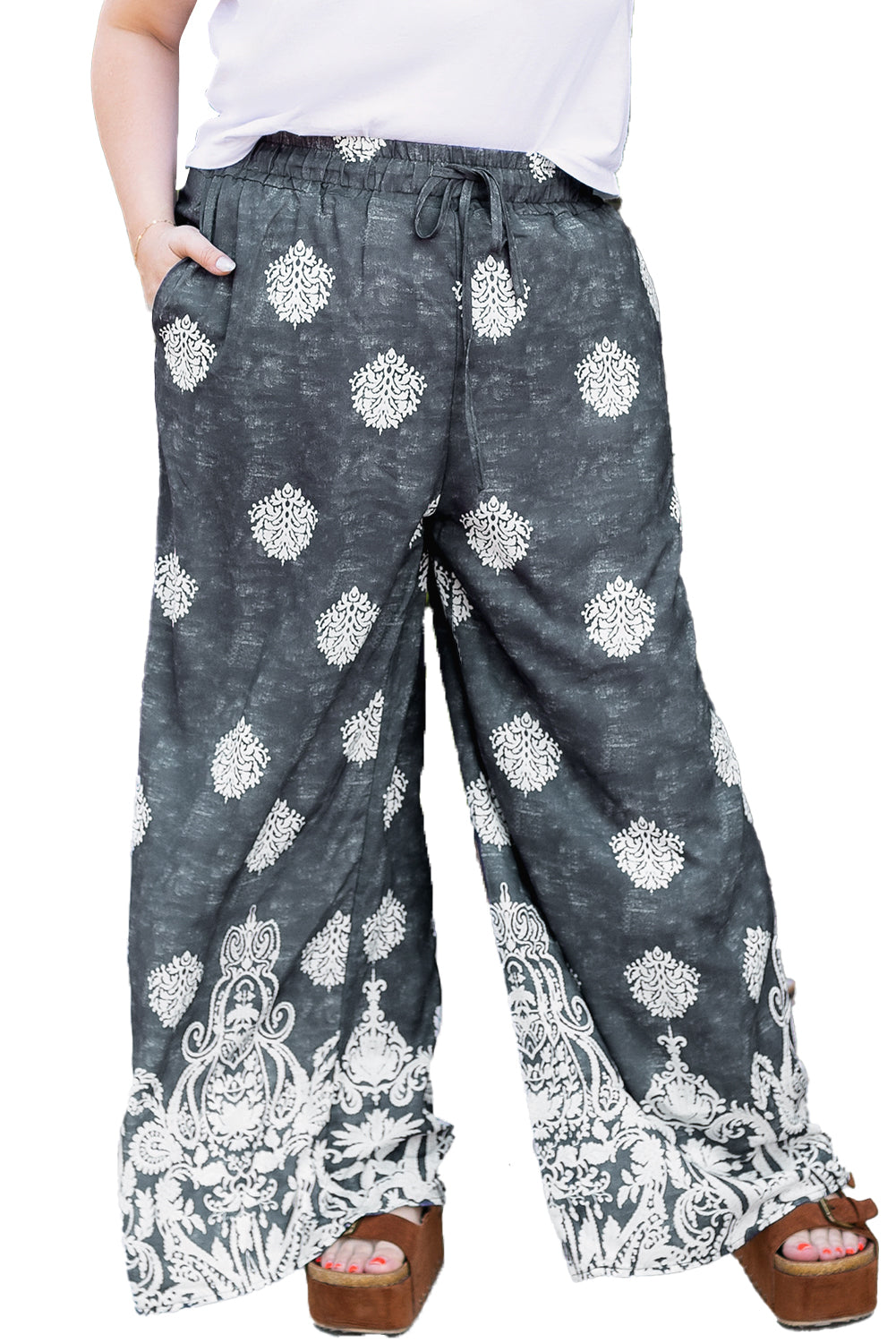 Black Bohemian Print Drawstring Waist Plus Size Wide Leg Pants