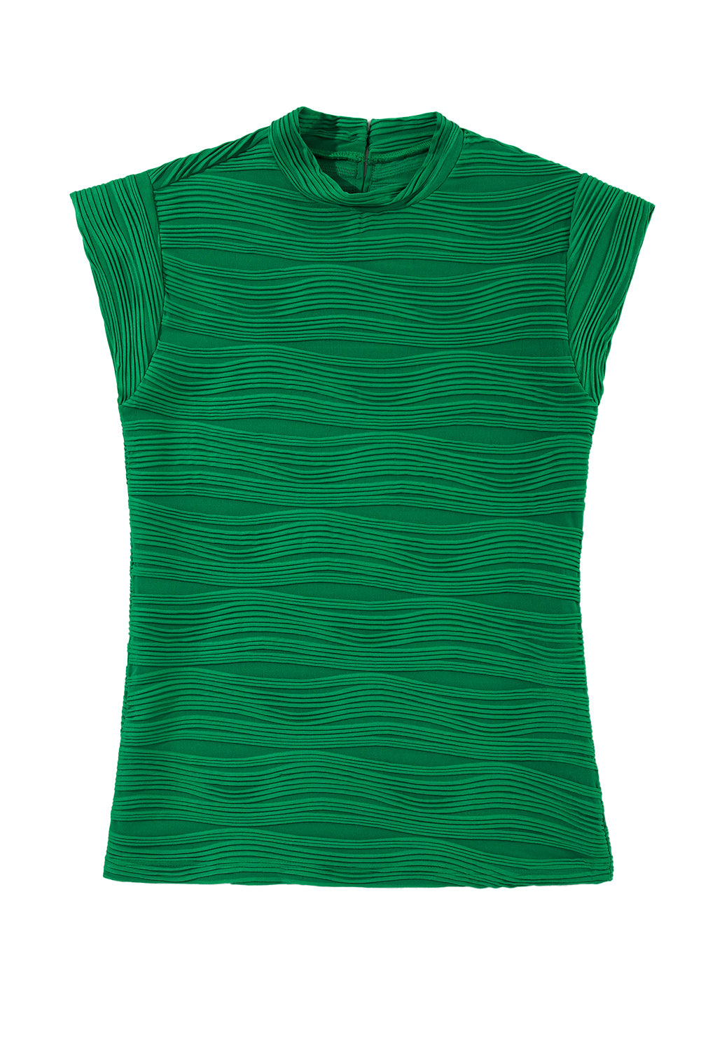 Dark Green Wavy Textured Mock Neck Cap Sleeve Top