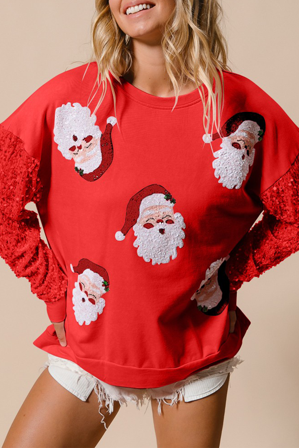 Fiery Red Sequined Santa Claus Christmas Crewneck Sweatshirt