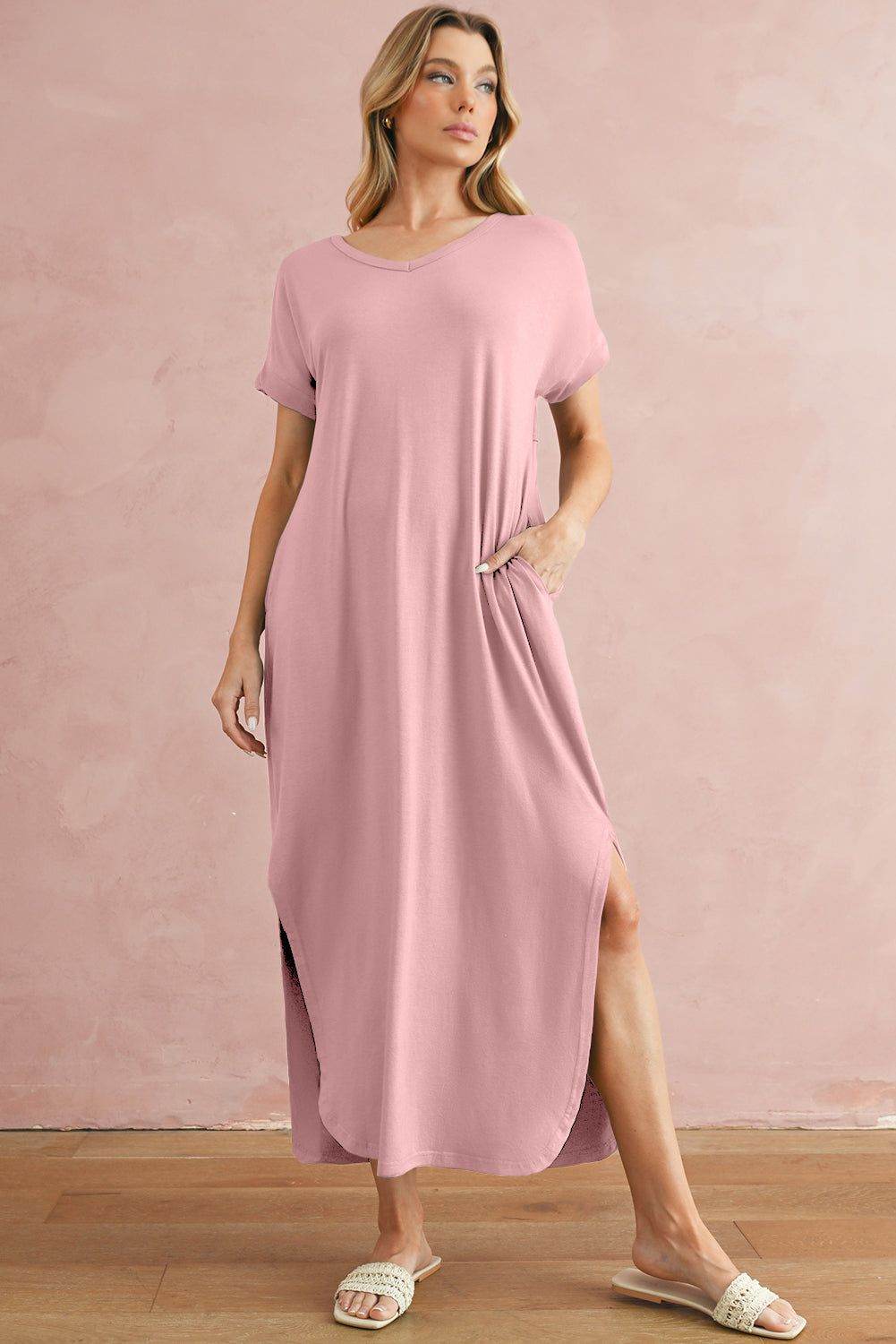 Pink Solid Color Hidden Pocket V Neck Slit Maxi Dress