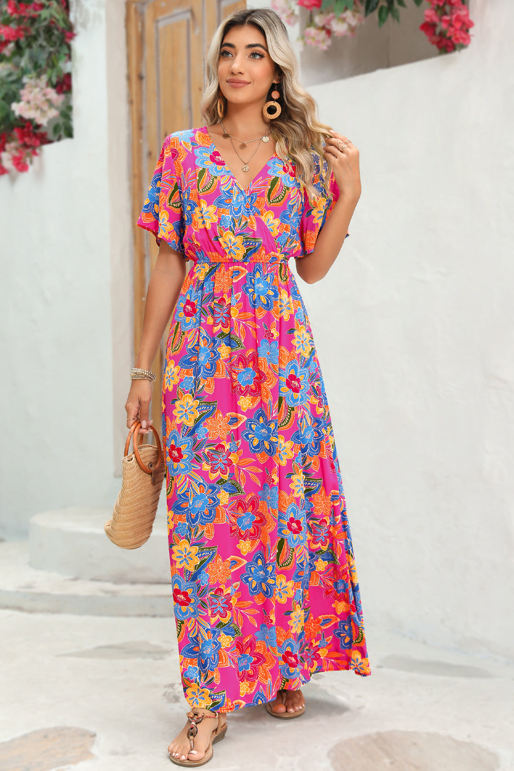 Abstract Print Wrap V Neck Flutter Sleeve Mid Length Dress