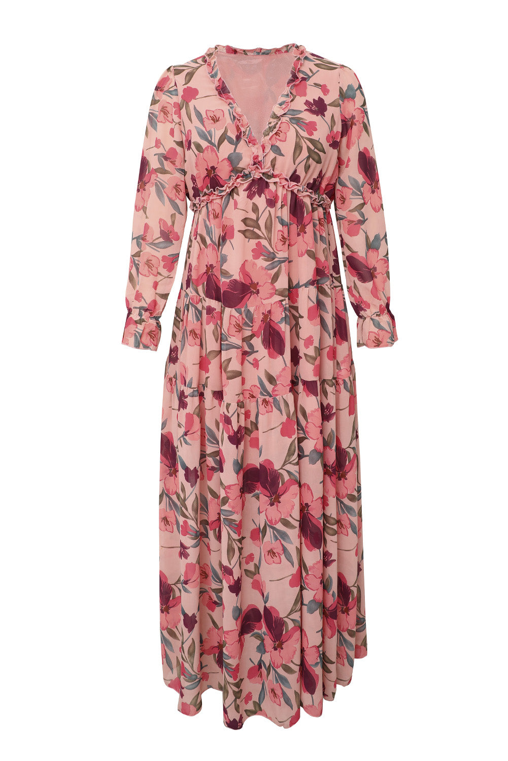 Pastel Red Floral Print Ruffle Trim Plunge Neckline Maxi Dress