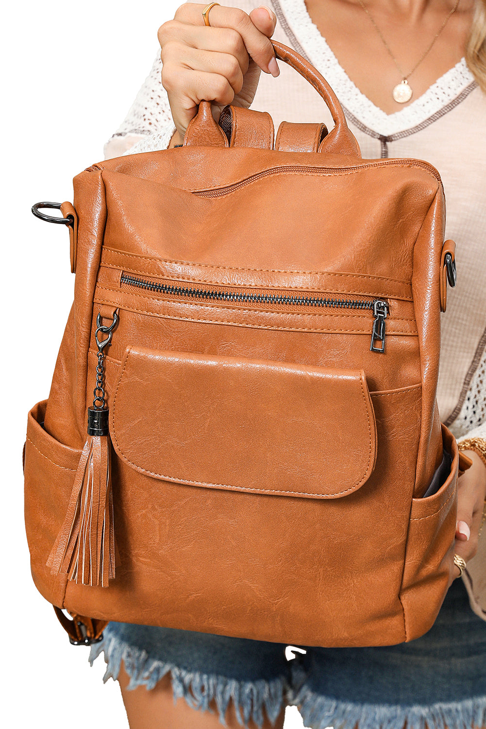 Dark Brown Tassel Decor Retro PU Large Capacity Backpack